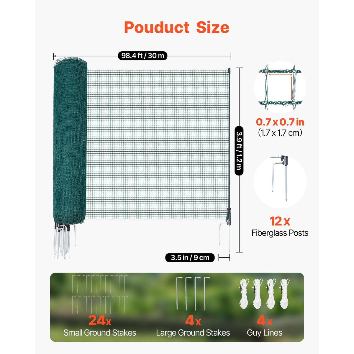 Temporary Fence with Posts, 3.9 x 98.4 FT Plastic Mesh Fencing, Garden Safety Fences Netting with Double-Spike Stakes & Guy Ropes, Temporary Fence for Dogs, Chickens, Plants, Outdoor Yards