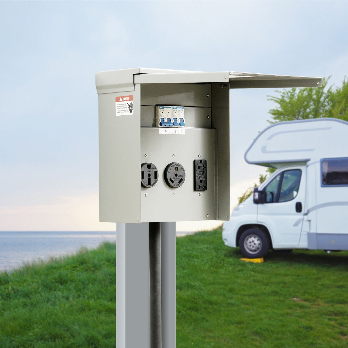 Temporary Power Outlet Panel, 125/250V, RV Power Outlet Box with a 20/30/50 Amp Receptacle Installed, NEMA 14-50R / NEMA TT-30R / 15A GFCI for RV Camper Trailer Motorhome