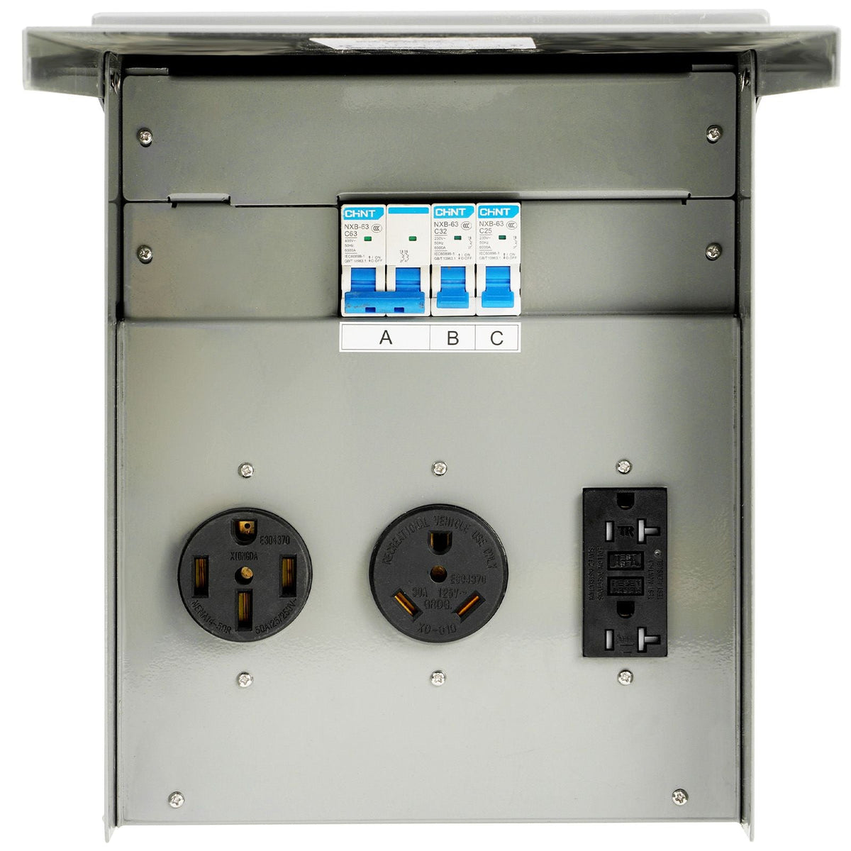 Temporary Power Outlet Panel, 125/250V, RV Power Outlet Box with a 20/30/50 Amp Receptacle Installed, NEMA 14-50R / NEMA TT-30R / 15A GFCI for RV Camper Trailer Motorhome