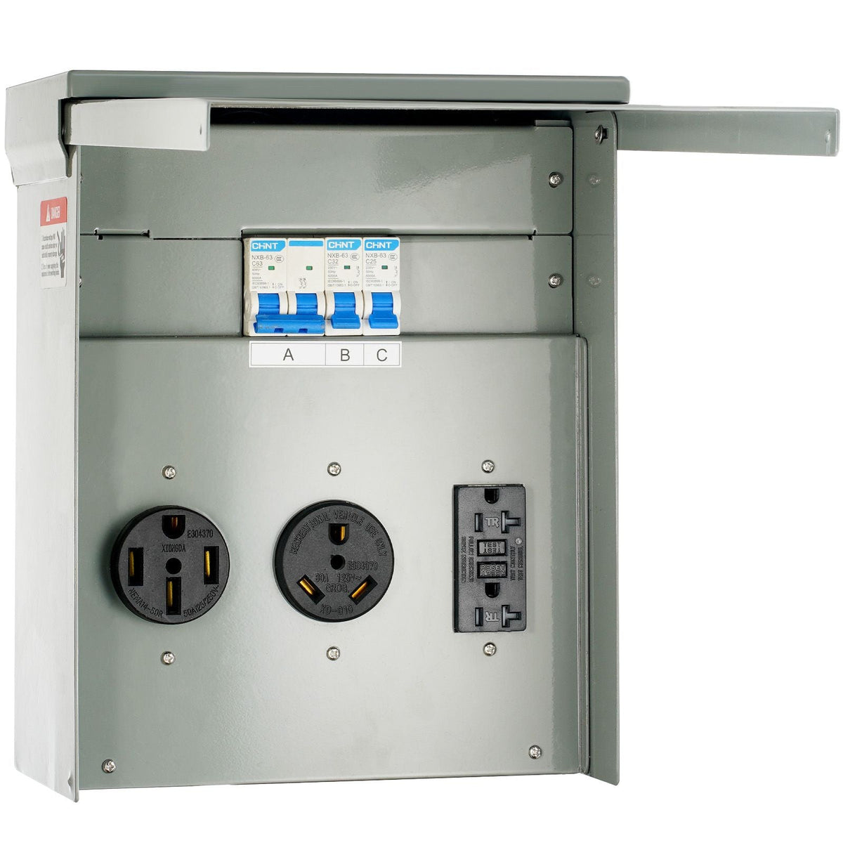 Temporary Power Outlet Panel, 125/250V, RV Power Outlet Box with a 20/30/50 Amp Receptacle Installed, NEMA 14-50R / NEMA TT-30R / 15A GFCI for RV Camper Trailer Motorhome