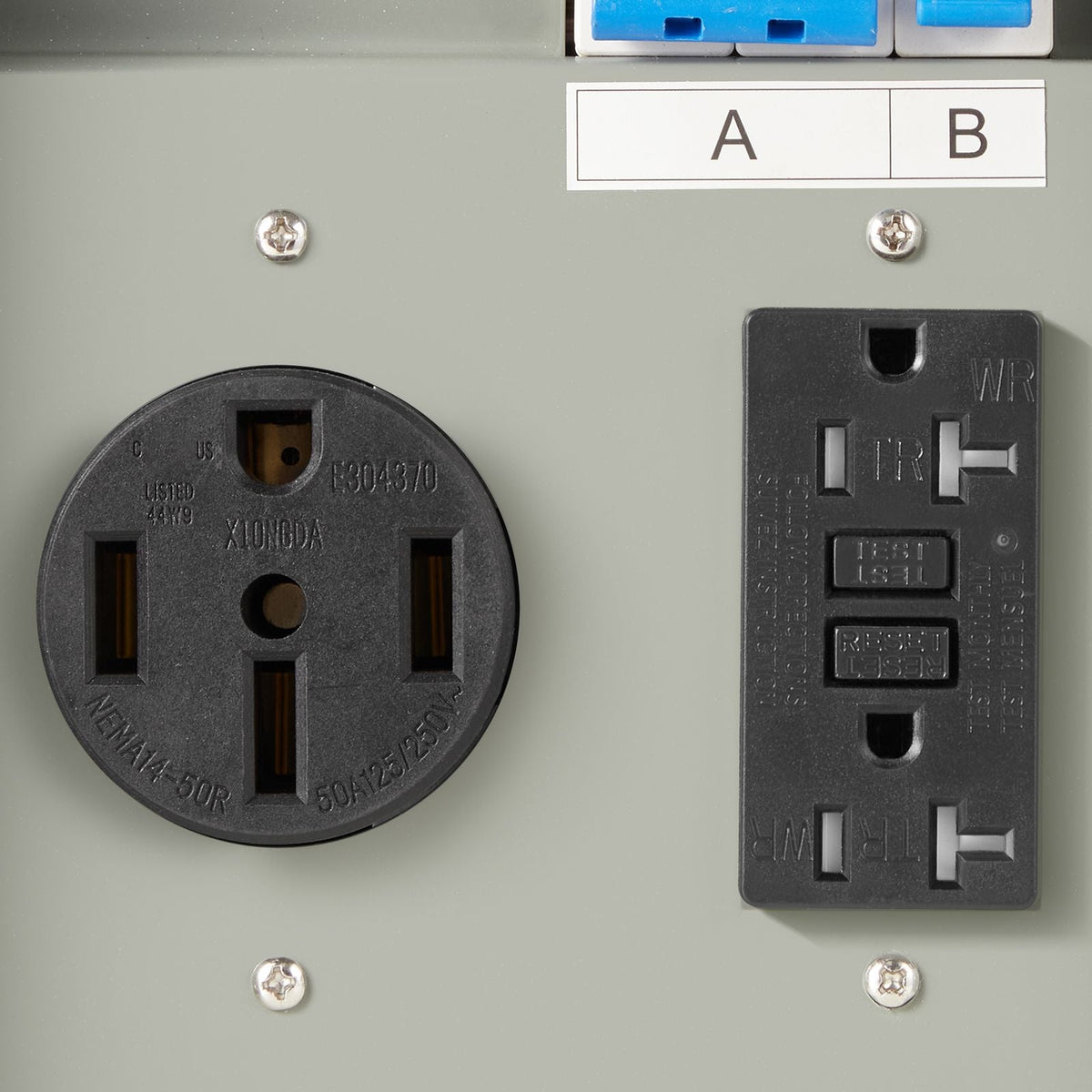 Temporary Power Outlet Panel, 20 50 Amp, RV EV Electrical Outlet Panel with NEMA 50 Amp GFCI 20 Amp Receptacle Installed, Pre-Wired IP54 Weatherproof Box, for RV Camper Car Travel Motorhome