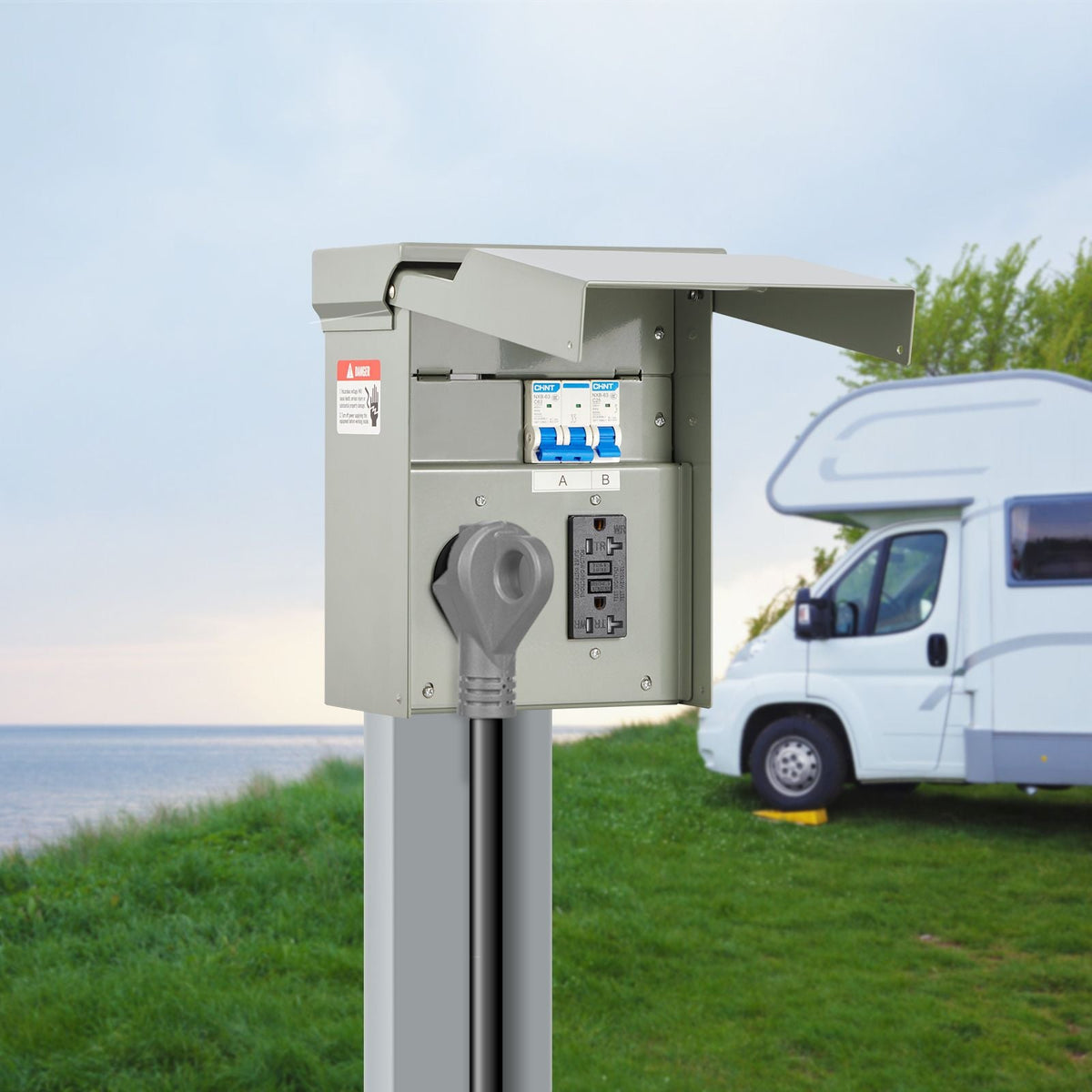 Temporary Power Outlet Panel, 20 50 Amp, RV EV Electrical Outlet Panel with NEMA 50 Amp GFCI 20 Amp Receptacle Installed, Pre-Wired IP54 Weatherproof Box, for RV Camper Car Travel Motorhome
