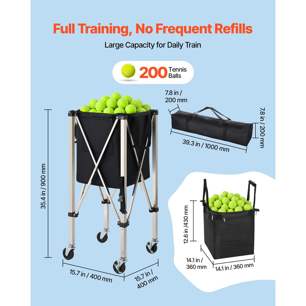 Tennis Ball Hopper, Holds 200 Tennis Balls, Foldable Pickleball Basket Cart with Wheels for Easy Pick Up, Stainless Steel Portable Pickleball Cart Caddy with Storage Bag, for Training Teaching