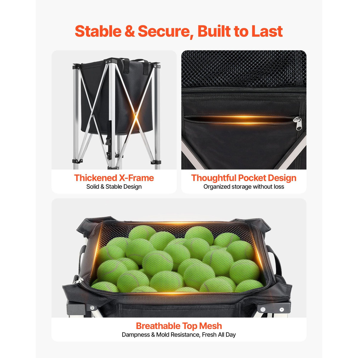 Tennis Ball Hopper, Holds 200 Tennis Balls, Foldable Pickleball Basket Cart with Wheels for Easy Pick Up, Stainless Steel Portable Pickleball Cart Caddy with Storage Bag, for Training Teaching