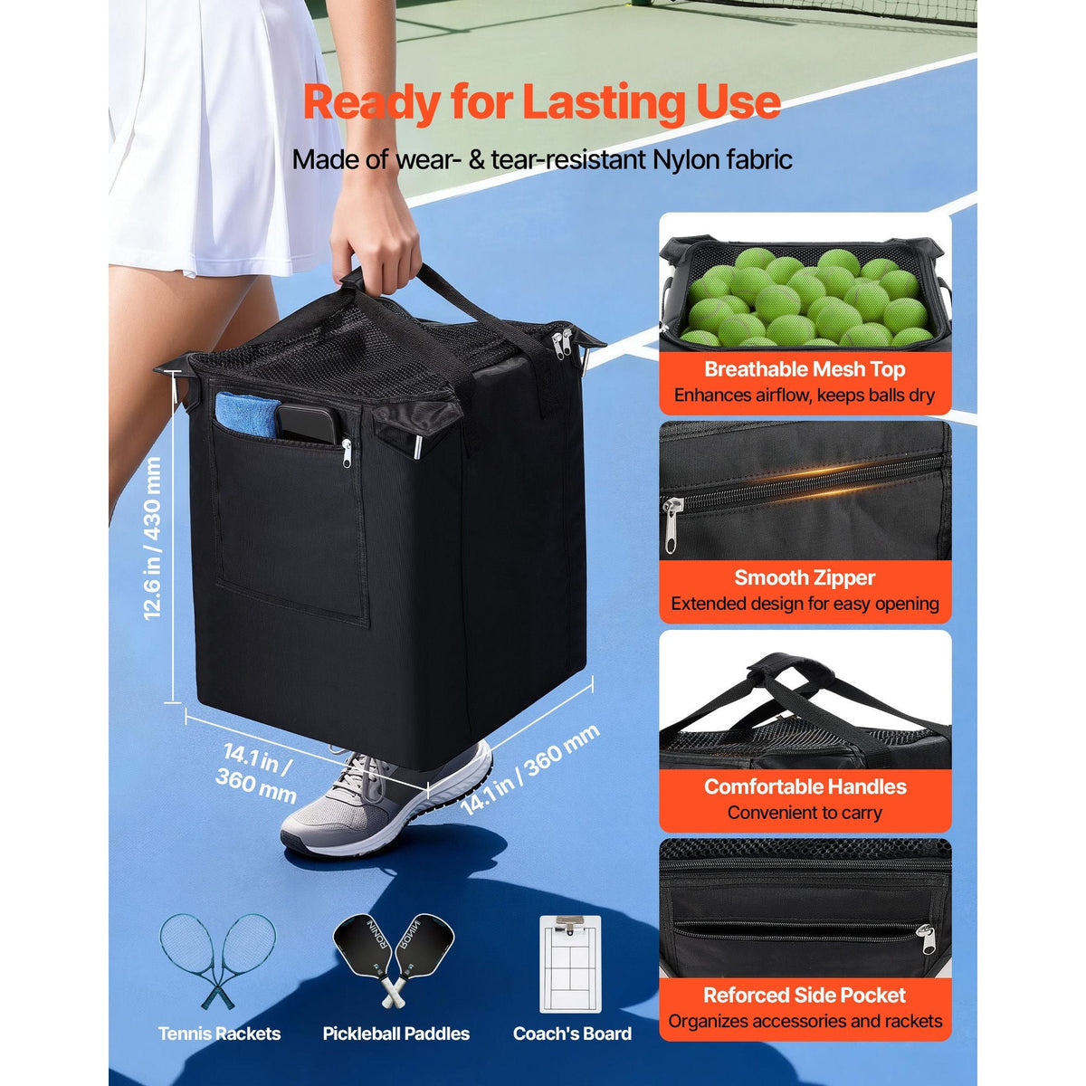 Tennis Ball Hopper, Holds 200 Tennis Balls, Foldable Pickleball Basket Cart with Wheels for Easy Pick Up, Stainless Steel Portable Pickleball Cart Caddy with Storage Bag, for Training Teaching
