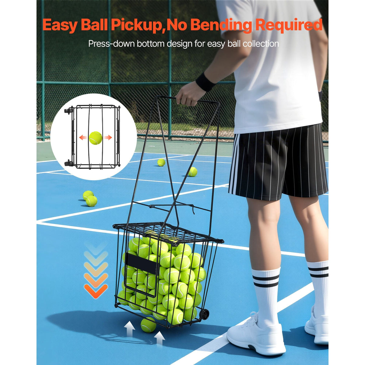 Tennis Ball Hopper, Holds 75 Tennis Balls, Pickleball Basket Cart with Wheels for Easy Pick Up, Portable Pickleball Caddy with Heavy-Duty Construction, Handle, for Training Carrying Storage