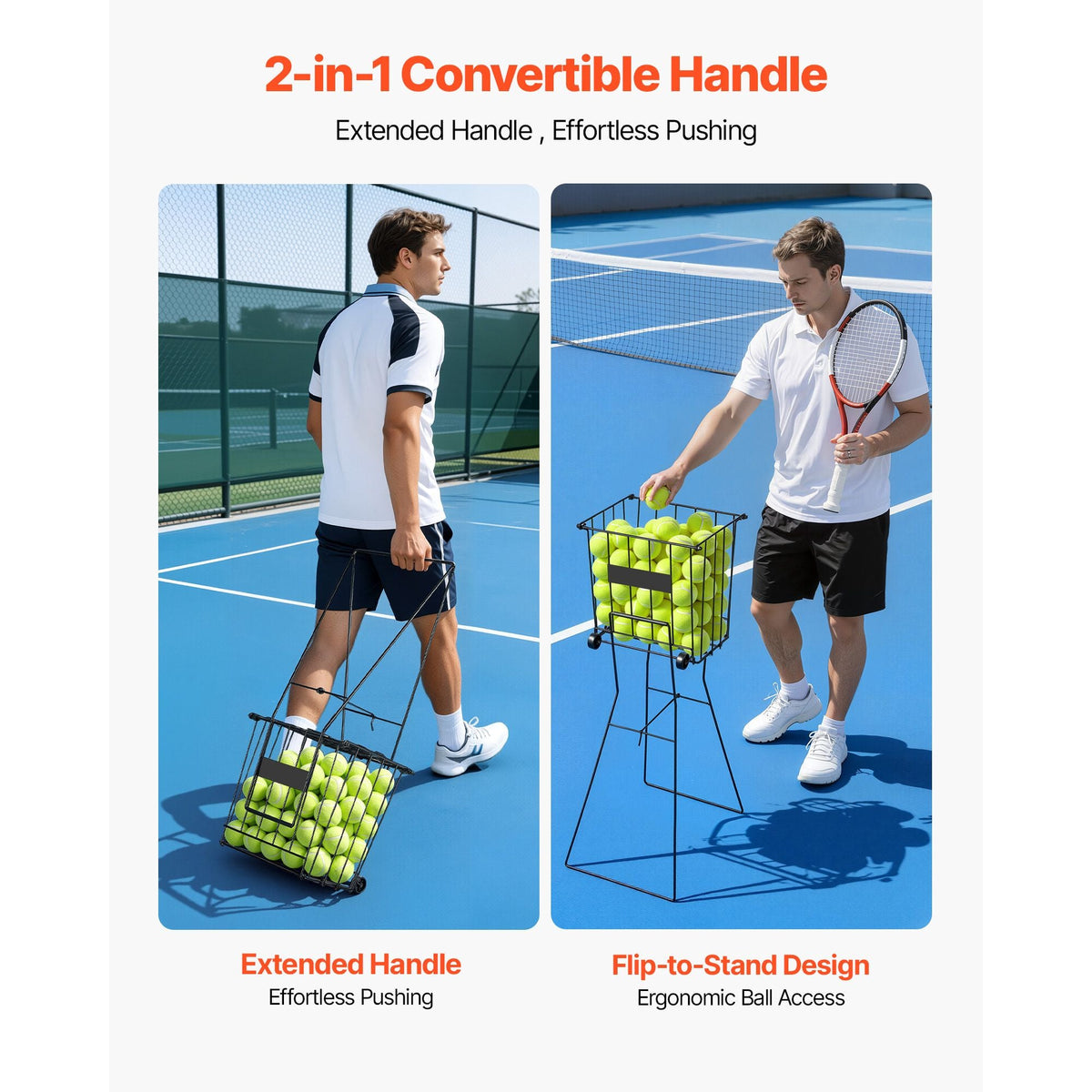 Tennis Ball Hopper, Holds 75 Tennis Balls, Pickleball Basket Cart with Wheels for Easy Pick Up, Portable Pickleball Caddy with Heavy-Duty Construction, Handle, for Training Carrying Storage