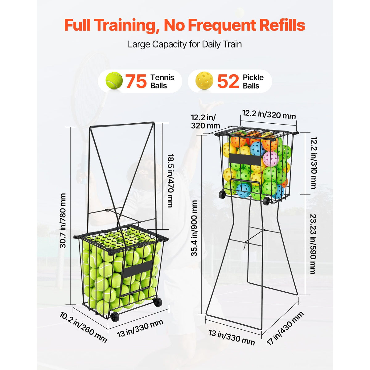 Tennis Ball Hopper, Holds 75 Tennis Balls, Pickleball Basket Cart with Wheels for Easy Pick Up, Portable Pickleball Caddy with Heavy-Duty Construction, Handle, for Training Carrying Storage