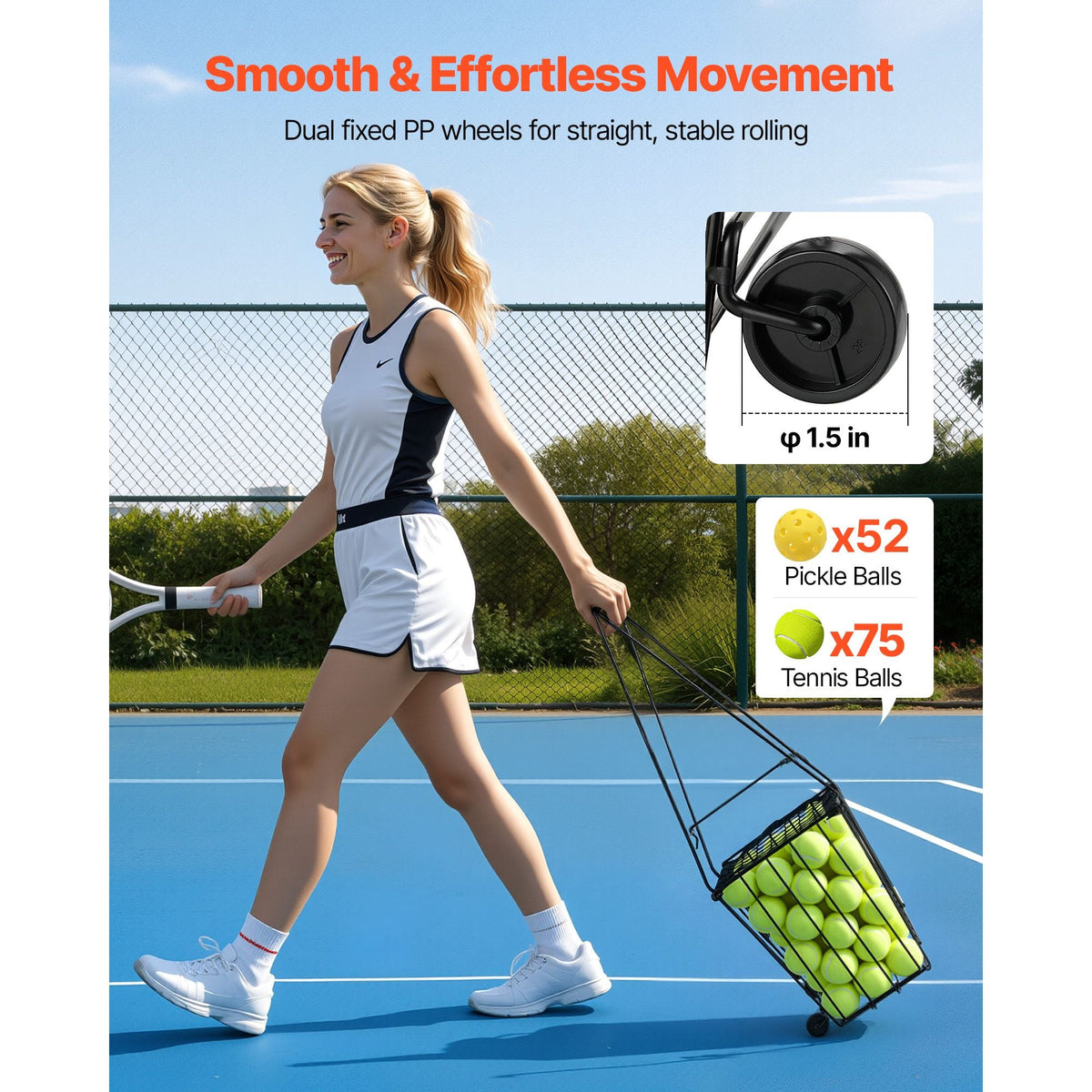 Tennis Ball Hopper, Holds 75 Tennis Balls, Pickleball Basket Cart with Wheels for Easy Pick Up, Portable Pickleball Caddy with Heavy-Duty Construction, Handle, for Training Carrying Storage