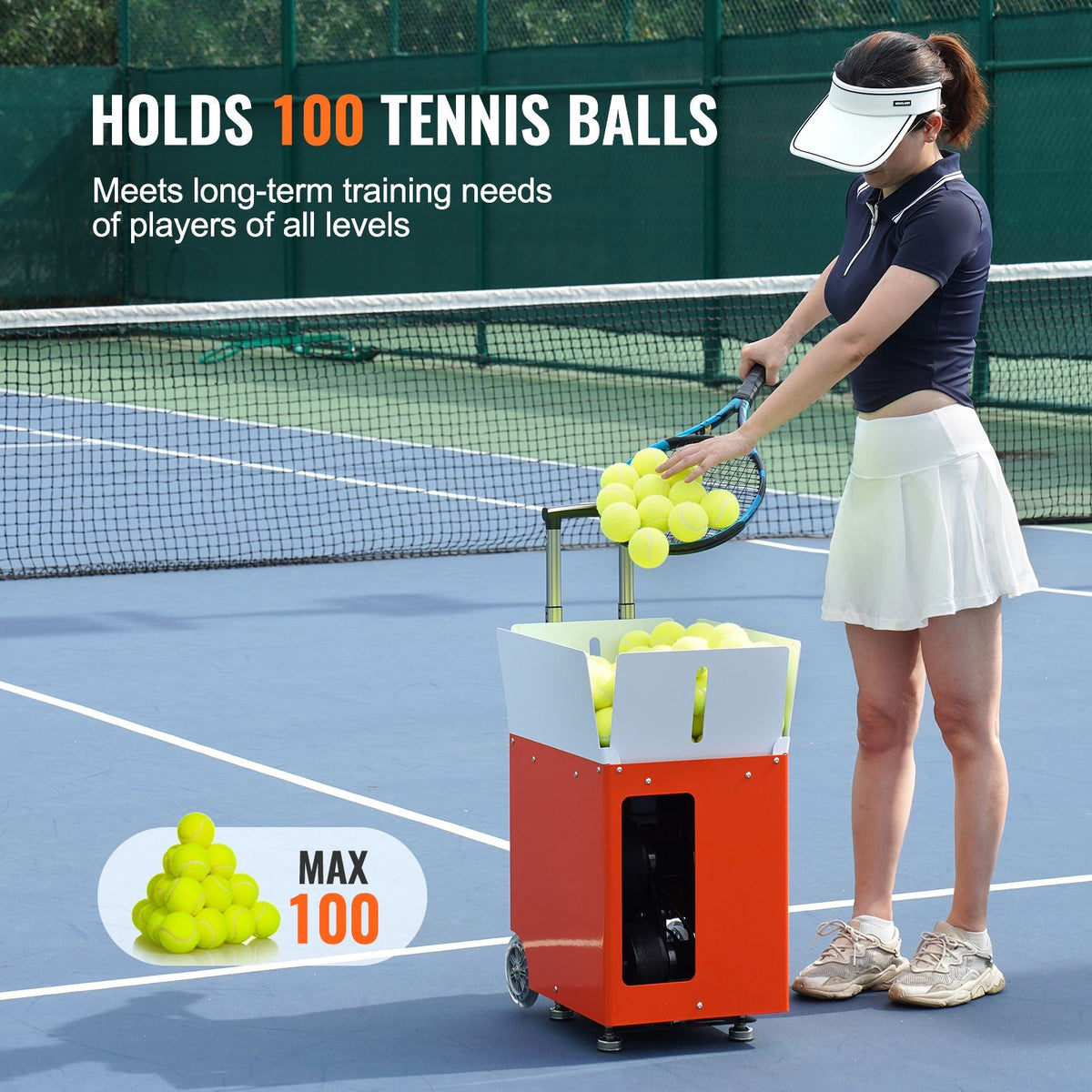 Tennis Ball Machine, Automatic Portable Tennis Ball Launcher, 100 Balls Tennis Training Practice Thrower, 5 Motors Multi-Mode Drills, 2+ Hours Play, Rechargeable Battery, App Remote Control