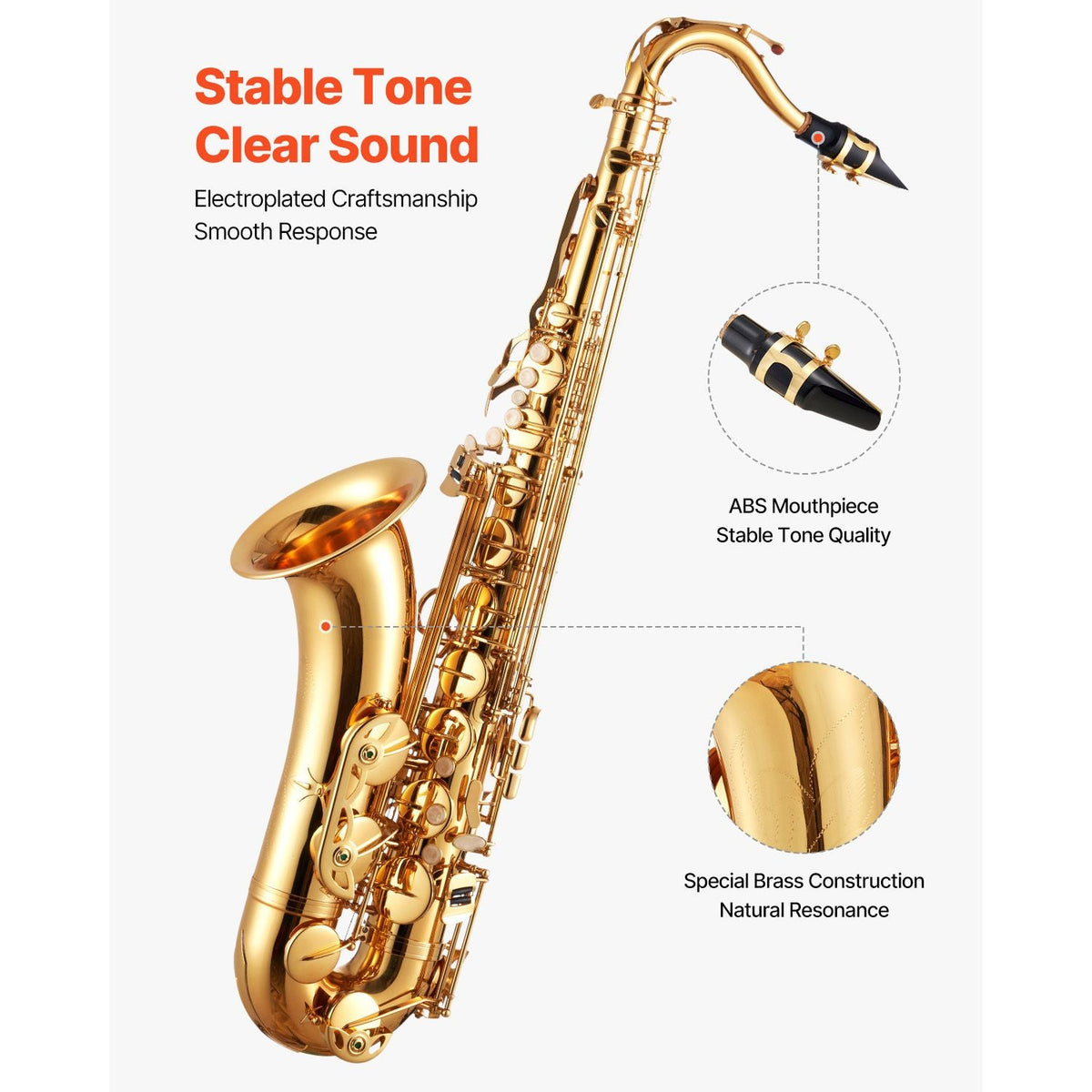 Tenor Saxophone, B Flat, Professional Brass Saxophone Beginner Kit with Carrying Case, Mouthpiece, Straps, Cleaning Cloth, Gloves, Neck Strap, 23 Keys Tenor Sax Kit, for Beginners Students, Gold