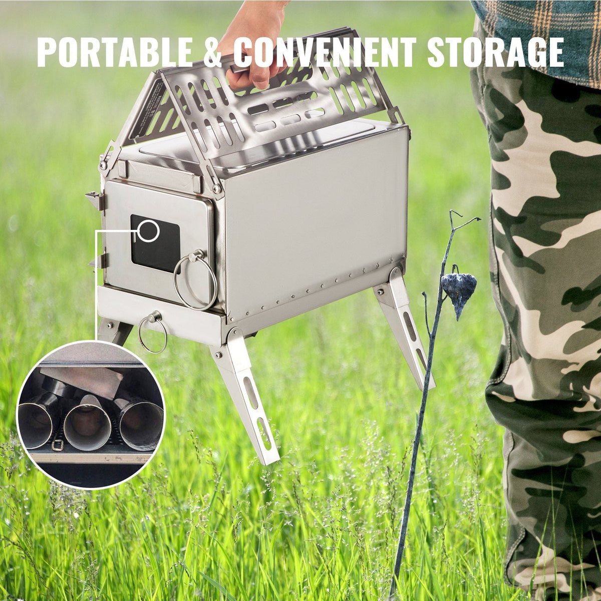 Tent Wood Stove,Outdoor Camping Wood Burning Stove Stainless Steel With Folding Pipe,Portable Wood Stove 90.6'' Height Wood Tent Stove For Camping, Tent Heating, Hunting, Outdoor Cooking