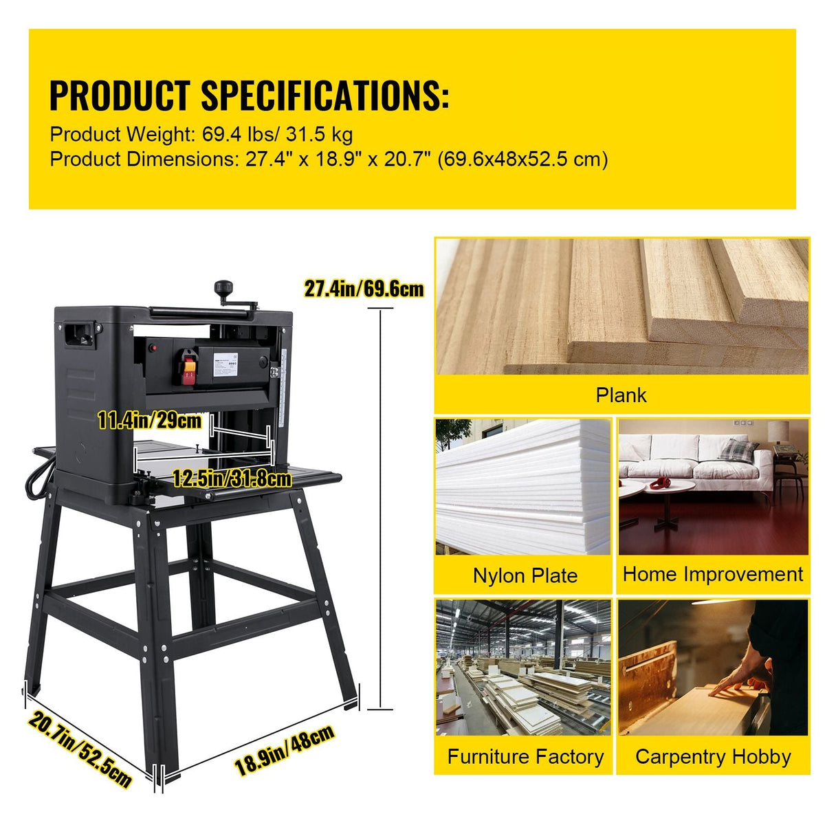 Thickness Planer 12.5 inch Wood Planer Foldable 1500W Thickness Planer Woodworking 315\"/min Feed Rate Double Cutter Benchtop Thickness Planer with Dust Exhaust Interface Stand for Woodworking