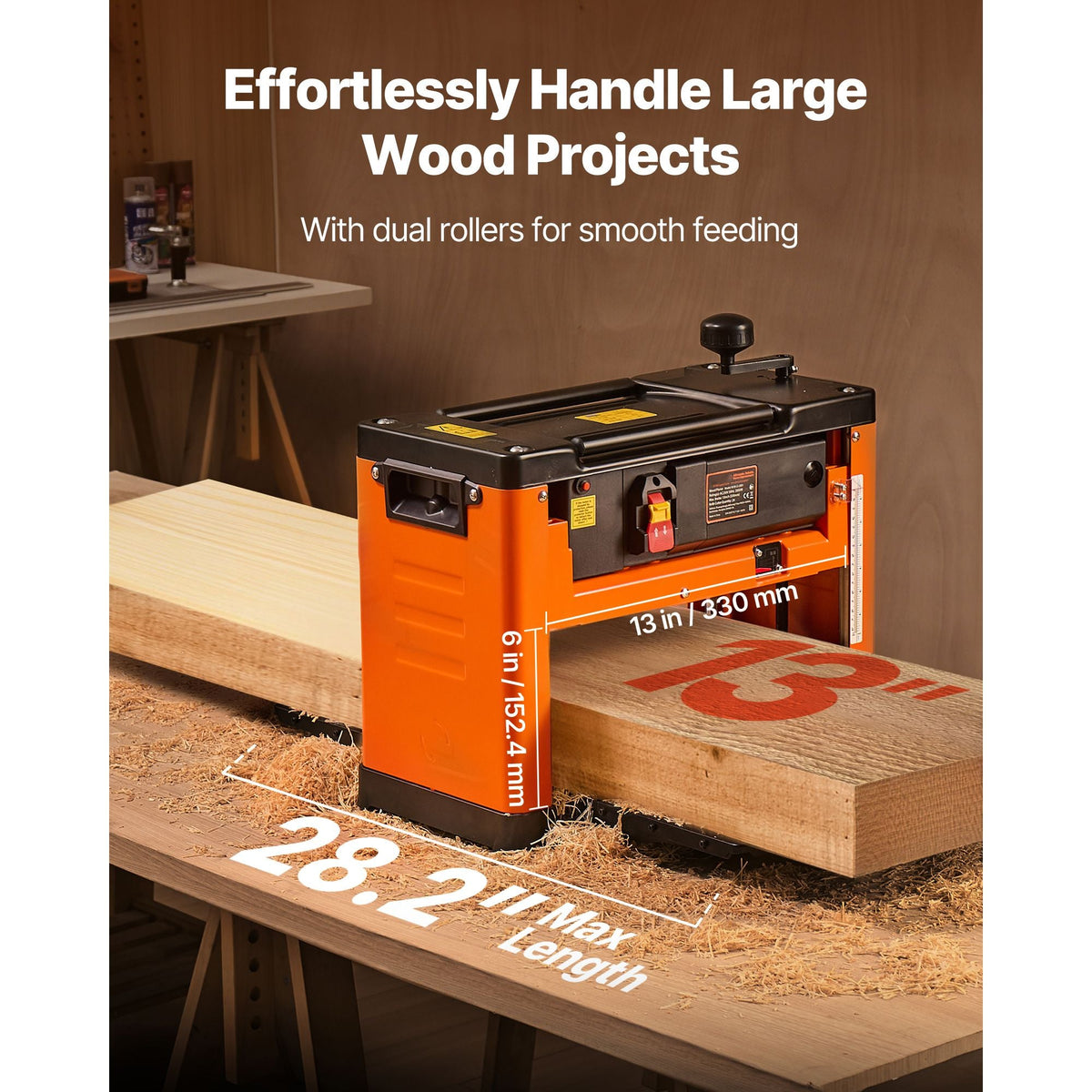 Thickness Planer, Three-Blade, 13-Inch Width Worktable Power Benchtop Planer, 2000W 23500 RPM Powerful Motor, Dual Rollers, Over Protection, Single Speed Woodworking, for Hard Soft Wood Material
