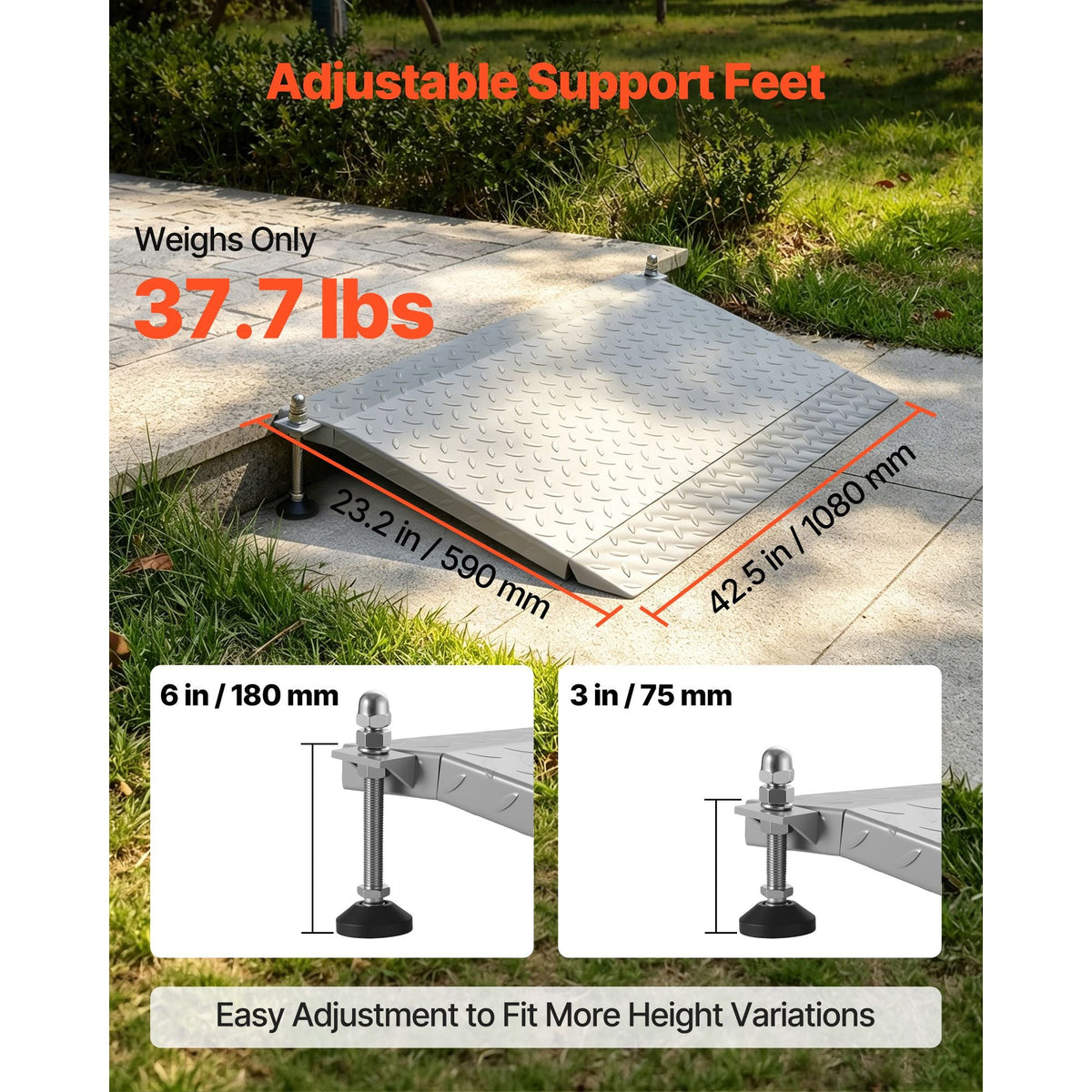 Threshold Ramp for Doorways, 42.5 x 23.2 in, Platform Aluminum Wheelchair Ramp with Adjustable Height, Non-Slip Door Threshold Ramps, 1000 lbs Capacity, for Home Steps, Wheelchairs, Walkers
