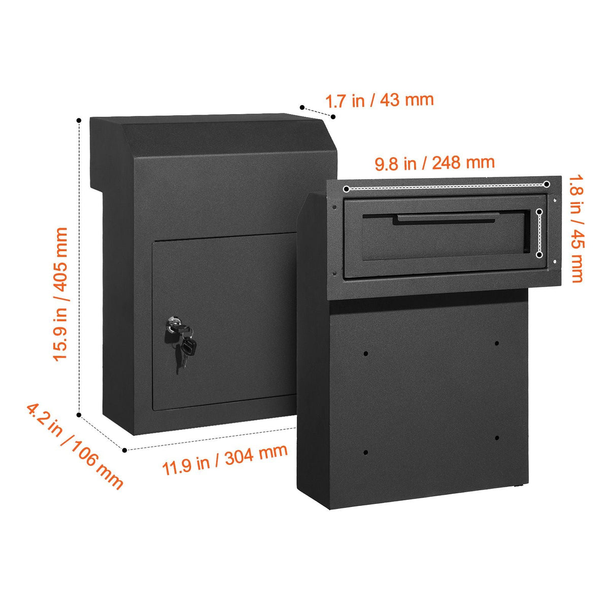 Through The Door Key Drop Box, Heavy Duty Steel Through the Door Mailbox with 1.8" 12" Key Lock, 12x6x16" Mail Drop Box, Black