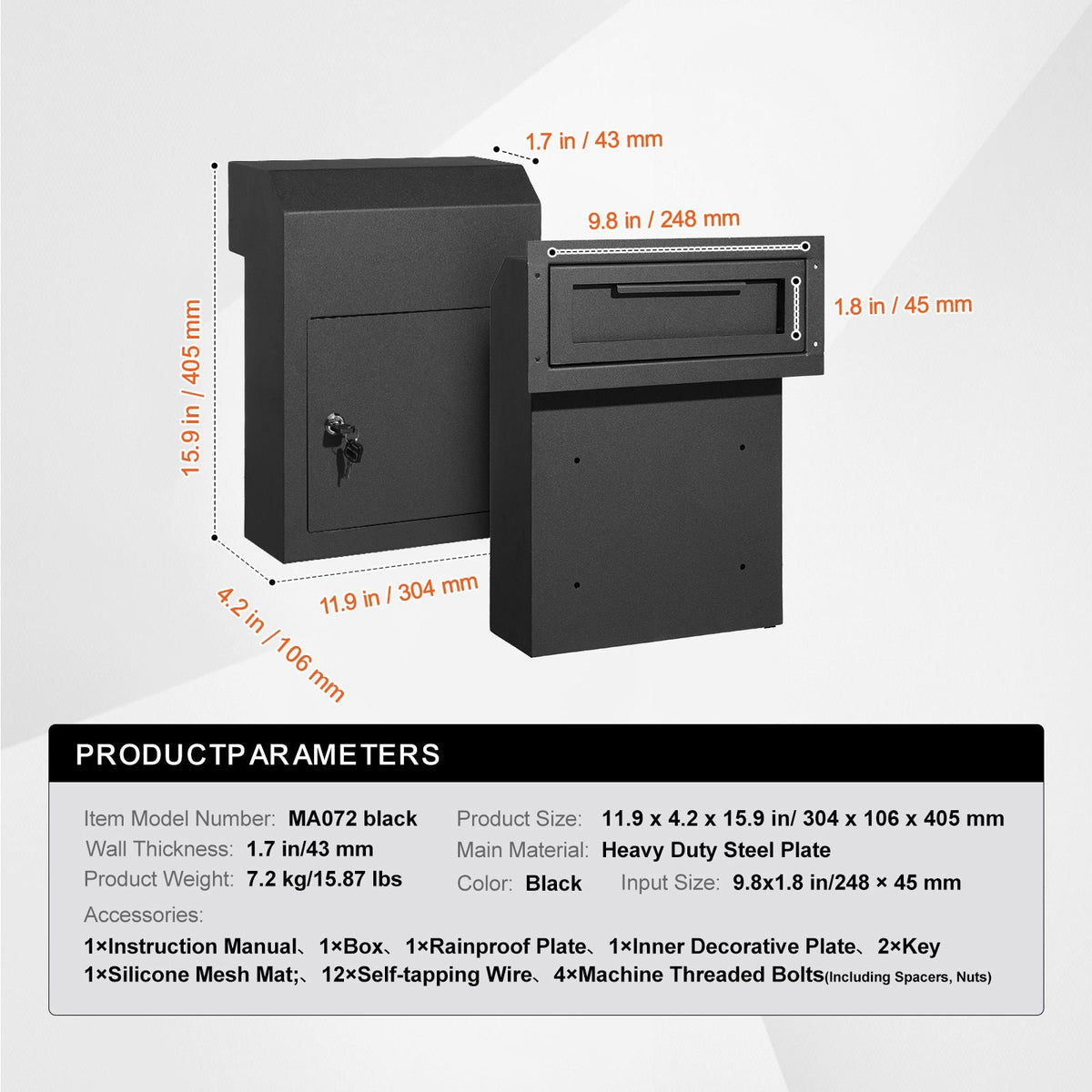 Through The Door Key Drop Box, Heavy Duty Steel Through the Door Mailbox with 1.8" 12" Key Lock, 12x6x16" Mail Drop Box, Black