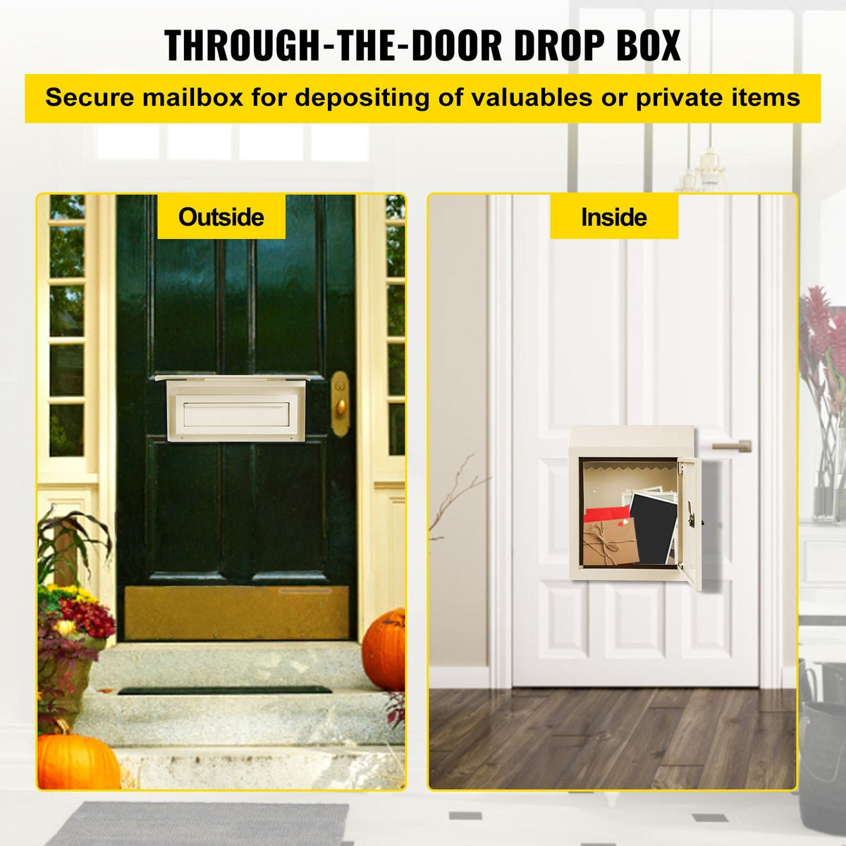 Through-The-Door Locking Drop Box, 11.8\'\'x4.3\'\'x14.2\'\' Door Drop Box, Door Slot Mailbox with 1.77\'\' Chute & Code Lock, Rainproof Steel Mail Catcher for Depositing Mail, Keys, Rents, Chec