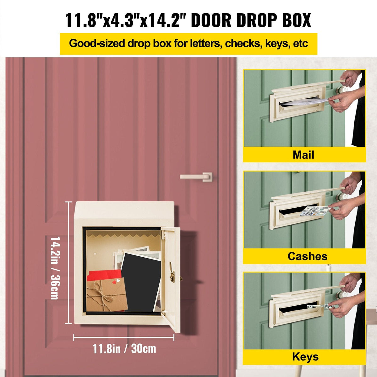 Through-The-Door Locking Drop Box, 11.8\'\'x4.3\'\'x14.2\'\' Door Drop Box, Door Slot Mailbox with 1.77\'\' Chute & Code Lock, Rainproof Steel Mail Catcher for Depositing Mail, Keys, Rents, Chec
