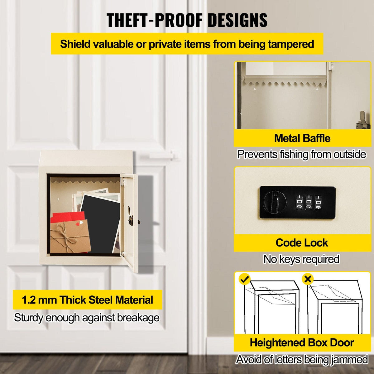 Through-The-Door Locking Drop Box, 11.8\'\'x4.3\'\'x14.2\'\' Door Drop Box, Door Slot Mailbox with 1.77\'\' Chute & Code Lock, Rainproof Steel Mail Catcher for Depositing Mail, Keys, Rents, Chec