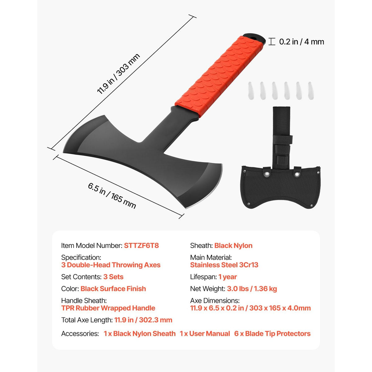 Throwing Axes and Tomahawks, 3 Pack 11.9 inch Double Bit Axe Throwing Hatchet Set, Stainless Steel Head with Non-Slip TPR Rubber Handle, with Black Nylon Sheath, for Recreation and Competition