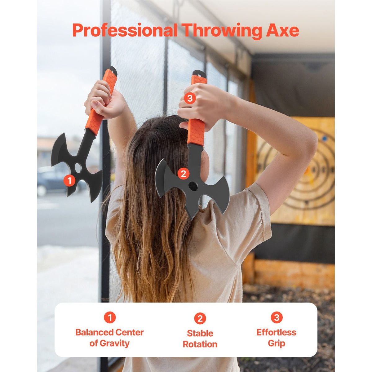 Throwing Axes and Tomahawks, 3 Pack 13.4 inch Triple Edge Axe Throwing Hatchet Set, Stainless Steel Head with Non-Slip TPR Rubber Handle, with Black Nylon Sheath, for Recreation and Competition