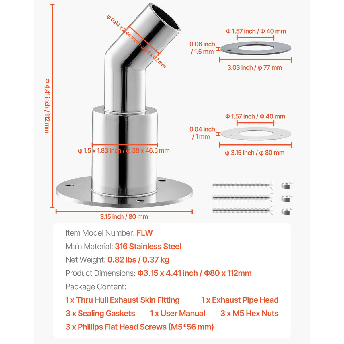 Thru Hull Exhaust Skin Fitting, 0.94 inch Diesel Heater Exhaust Skin Fitting, Elbow Hull Exhausts Pipe Socket Replacement with Screws, Nuts & Gasket for Diesel Heaters, 316 Stainless Steel