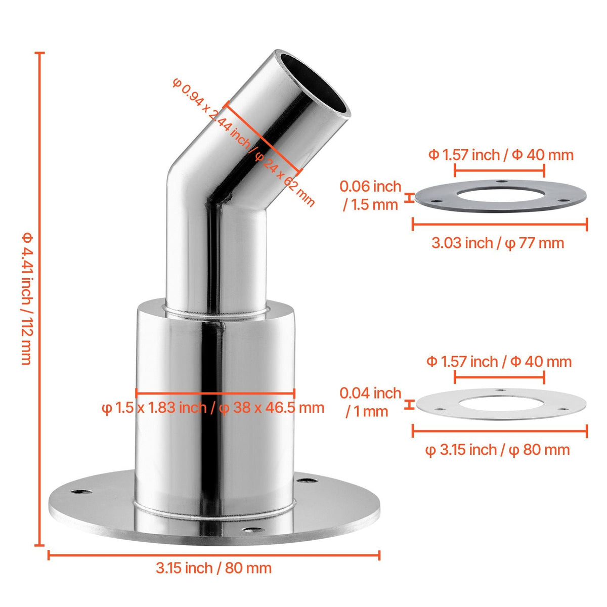 Thru Hull Exhaust Skin Fitting, 0.94 inch Diesel Heater Exhaust Skin Fitting, Elbow Hull Exhausts Pipe Socket Replacement with Screws, Nuts & Gasket for Diesel Heaters, 316 Stainless Steel