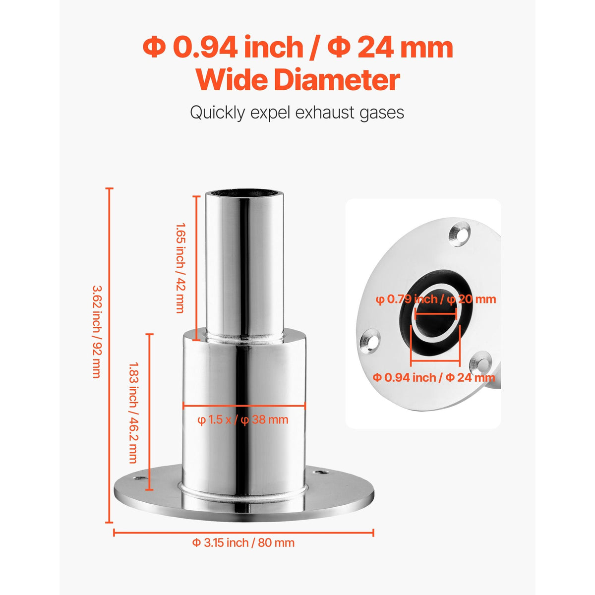 Thru Hull Exhaust Skin Fitting, 0.94 inch Diesel Heater Exhaust Skin Fitting, Straight Thru Hull Exhausts Skins Fits Kit with Screws, Nuts & Gasket for Diesel Heaters, 316 Stainless Steel