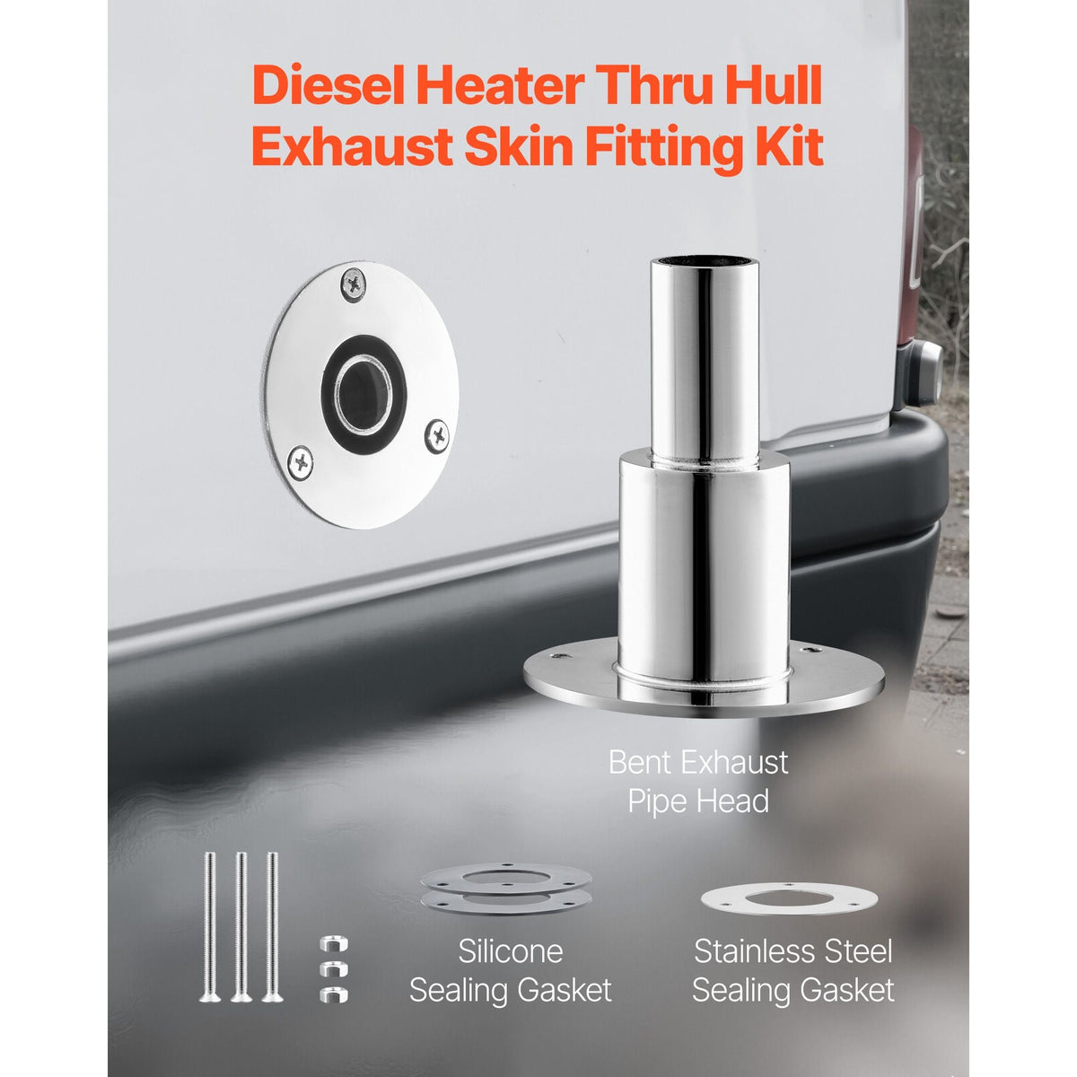 Thru Hull Exhaust Skin Fitting, 0.94 inch Diesel Heater Exhaust Skin Fitting, Straight Thru Hull Exhausts Skins Fits Kit with Screws, Nuts & Gasket for Diesel Heaters, 316 Stainless Steel