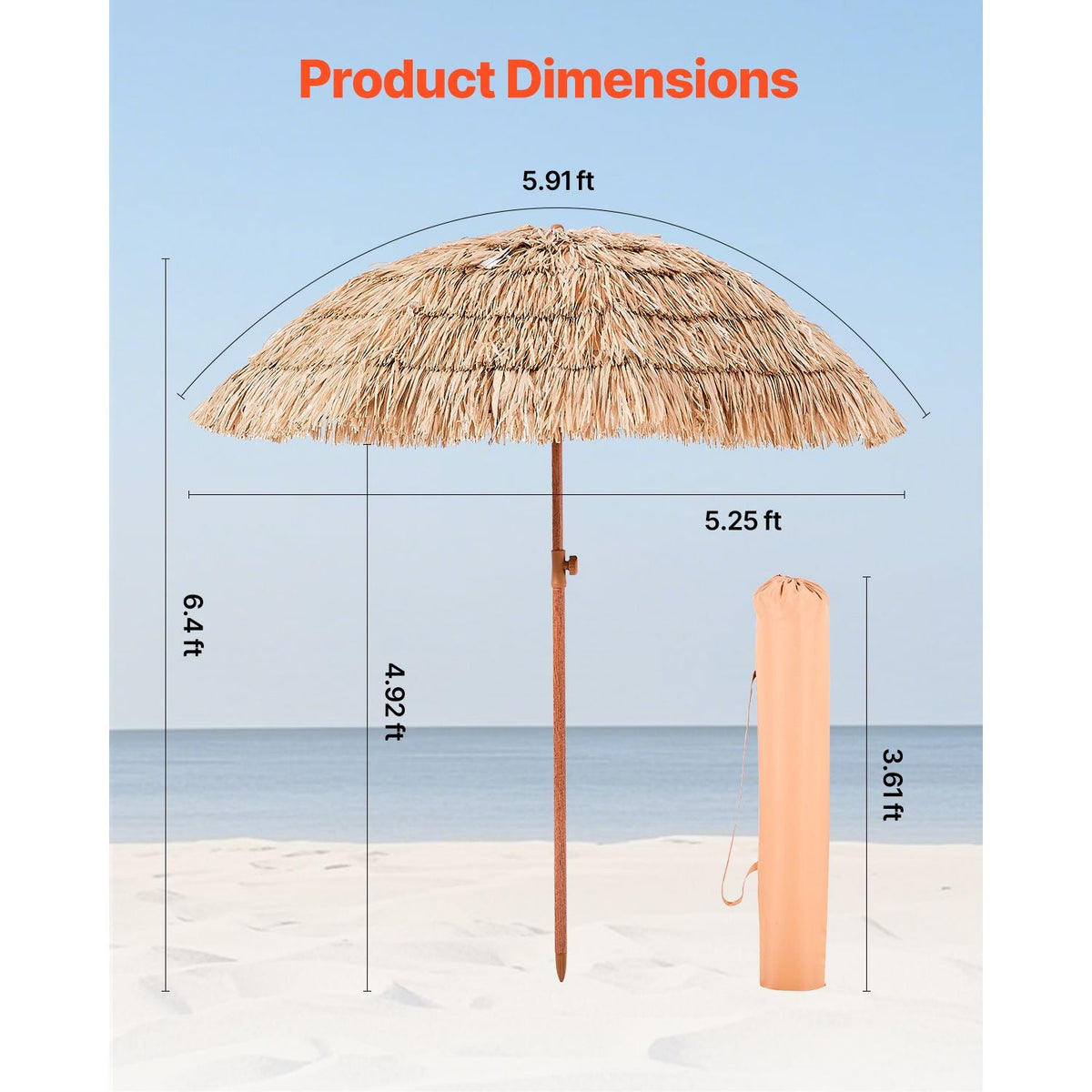Tiki Umbrella, 6 ft Thatched Patio Umbrella with Tilt, Hawaiian Style Beach Parasol with Durable PP Thatch and 8 Metal Ribs, Grass Pool Umbrellas for Beach, Patio, Poolside, Backyard & Garden