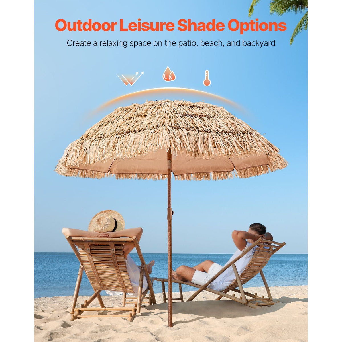 Tiki Umbrella, 6 ft Thatched Patio Umbrella with Tilt, Hawaiian Style Beach Parasol with Durable PP Thatch and 8 Metal Ribs, Grass Pool Umbrellas for Beach, Patio, Poolside, Backyard & Garden