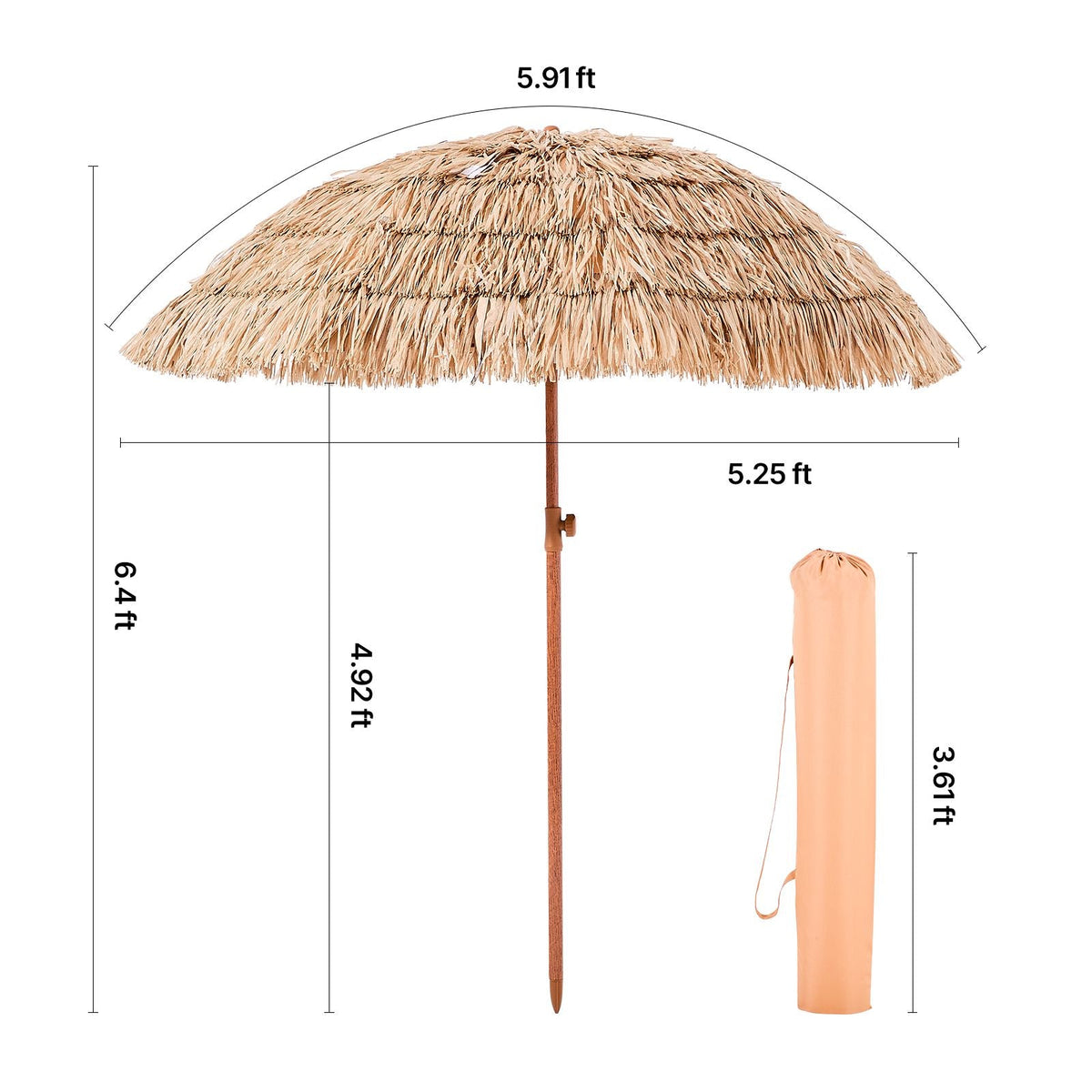 Tiki Umbrella, 6 ft Thatched Patio Umbrella with Tilt, Hawaiian Style Beach Parasol with Durable PP Thatch and 8 Metal Ribs, Grass Pool Umbrellas for Beach, Patio, Poolside, Backyard & Garden
