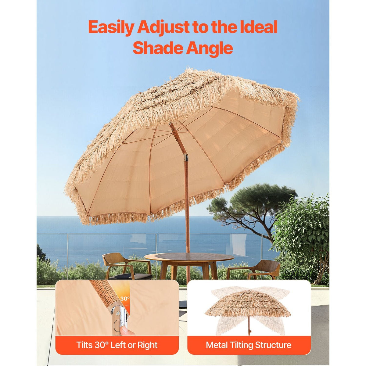 Tiki Umbrella, 8 ft Thatched Patio Umbrella with Tilt, Hawaiian Style Beach Parasol with Durable PP Thatch and 8 Metal Ribs, Grass Pool Umbrellas for Beach, Patio, Poolside, Backyard & Garden