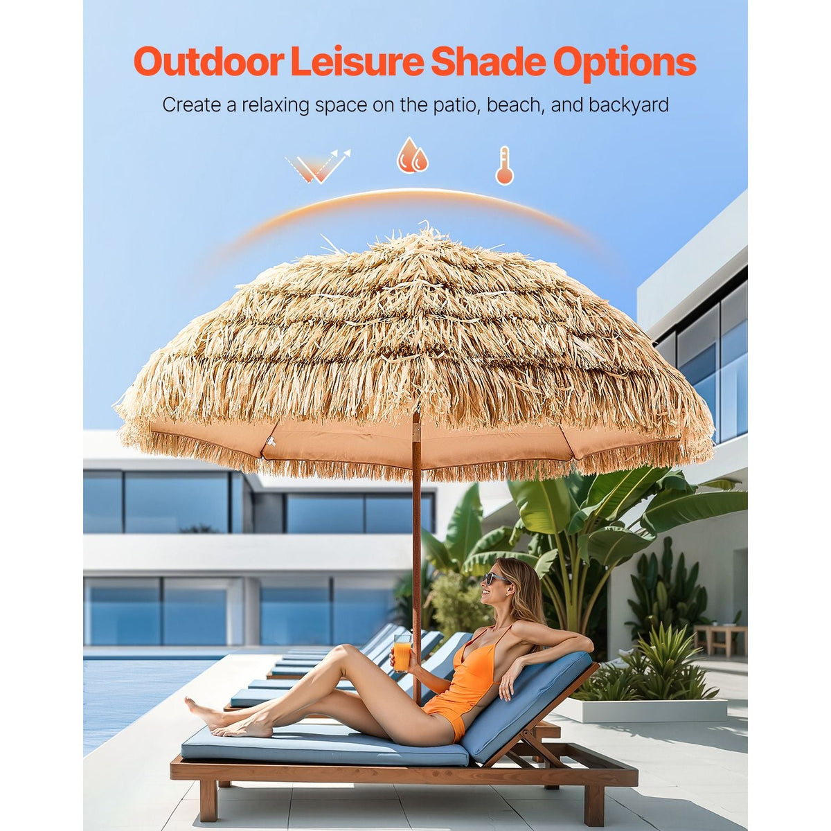 Tiki Umbrella, 8 ft Thatched Patio Umbrella with Tilt, Hawaiian Style Beach Parasol with Durable PP Thatch and 8 Metal Ribs, Grass Pool Umbrellas for Beach, Patio, Poolside, Backyard & Garden