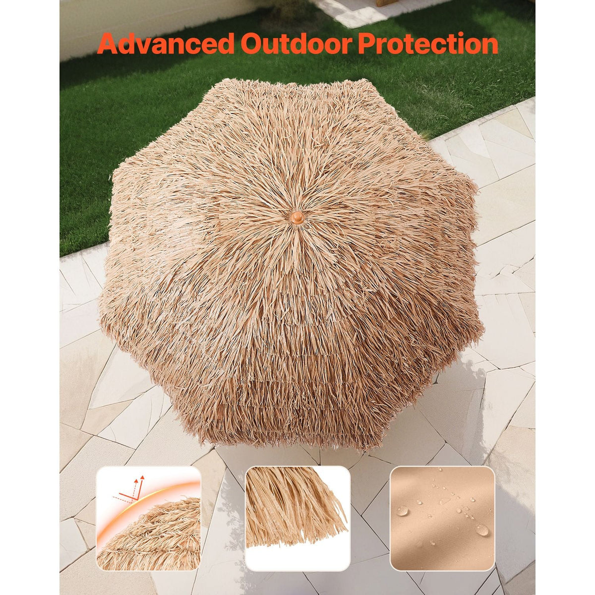 Tiki Umbrella, 8 ft Thatched Patio Umbrella with Tilt, Hawaiian Style Beach Parasol with Durable PP Thatch and 8 Metal Ribs, Grass Pool Umbrellas for Beach, Patio, Poolside, Backyard & Garden