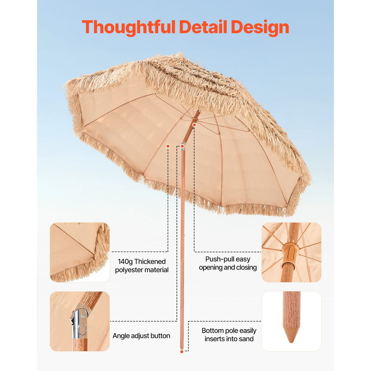 Tiki Umbrella, 8 ft Thatched Patio Umbrella with Tilt, Hawaiian Style Beach Parasol with Durable PP Thatch and 8 Metal Ribs, Grass Pool Umbrellas for Beach, Patio, Poolside, Backyard & Garden