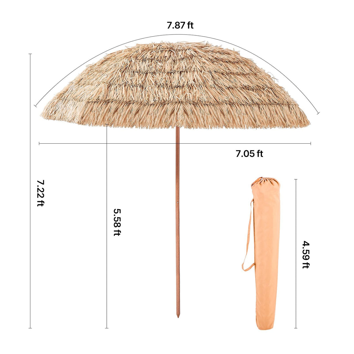 Tiki Umbrella, 8 ft Thatched Patio Umbrella with Tilt, Hawaiian Style Beach Parasol with Durable PP Thatch and 8 Metal Ribs, Grass Pool Umbrellas for Beach, Patio, Poolside, Backyard & Garden