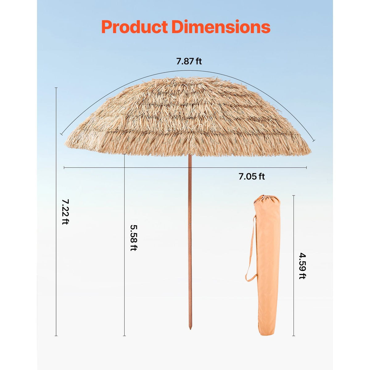 Tiki Umbrella, 8 ft Thatched Patio Umbrella with Tilt, Hawaiian Style Beach Parasol with Durable PP Thatch and 8 Metal Ribs, Grass Pool Umbrellas for Beach, Patio, Poolside, Backyard & Garden