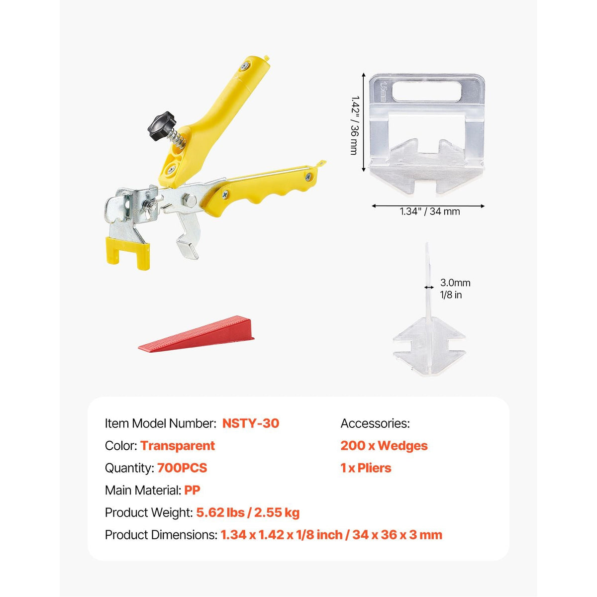 Tile Leveling System, 1/8 Inch(3 mm) with 1pc Tile Plier, 700 PCS DIY Tile Leveler Spacers Clips and 200 PCS Reusable Wedges, Tile Tools Set for Professional Ceramic Tile and Stone Installation