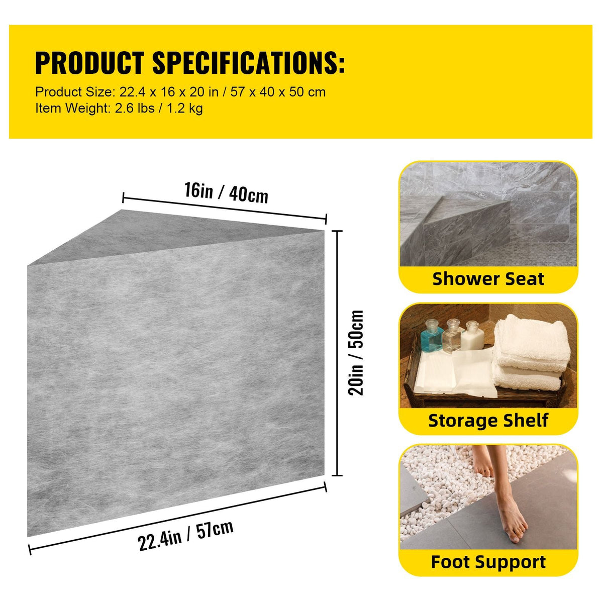 Tile Shower Seat, 22.4\" x 16\" x 20\" Ready to Tile Shower Seat, Factory Waterproof & 100% Leak Proof Tileable Shower Corner Seat, 440lbs Load-Bearing Triangular Board Shower Bench, Grey