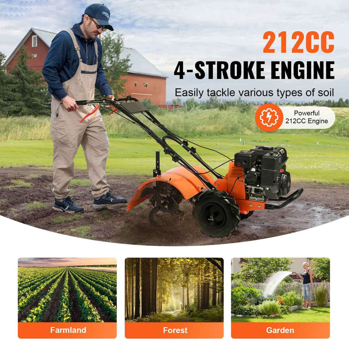 Tiller Cultivator, 212CC 4-Stroke Garden Cultivator, Tiller with 4 Steel Adjustable Rear Tines for Lawn, Garden and Field Soil Cultivation
