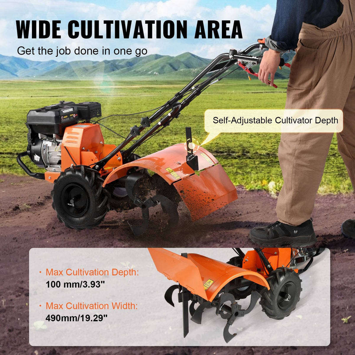 Tiller Cultivator, 212CC 4-Stroke Garden Cultivator, Tiller with 4 Steel Adjustable Rear Tines for Lawn, Garden and Field Soil Cultivation
