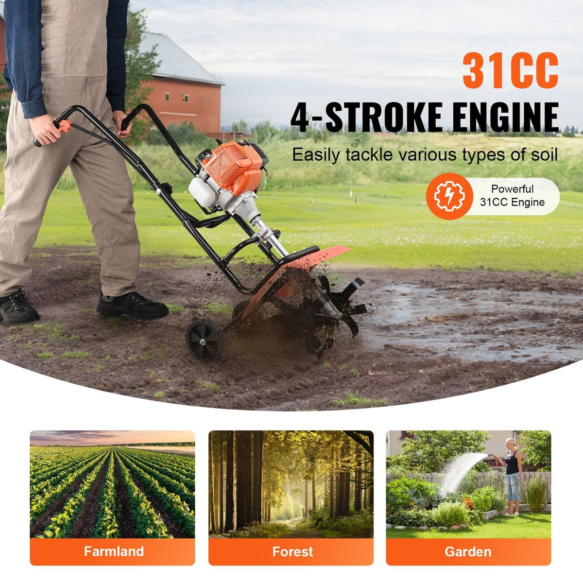 Tiller Cultivator, 31CC 4-Stroke Garden Cultivator, Tiller with 4 Steel Adjustable Front Tines for Lawn, Garden and Field Cultivation