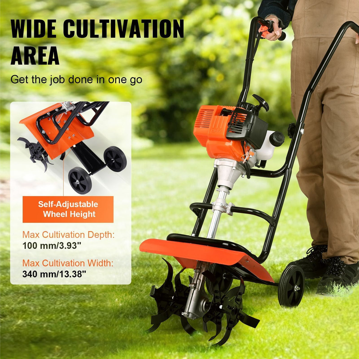 Tiller Cultivator, 31CC 4-Stroke Garden Cultivator, Tiller with 4 Steel Adjustable Front Tines for Lawn, Garden and Field Cultivation