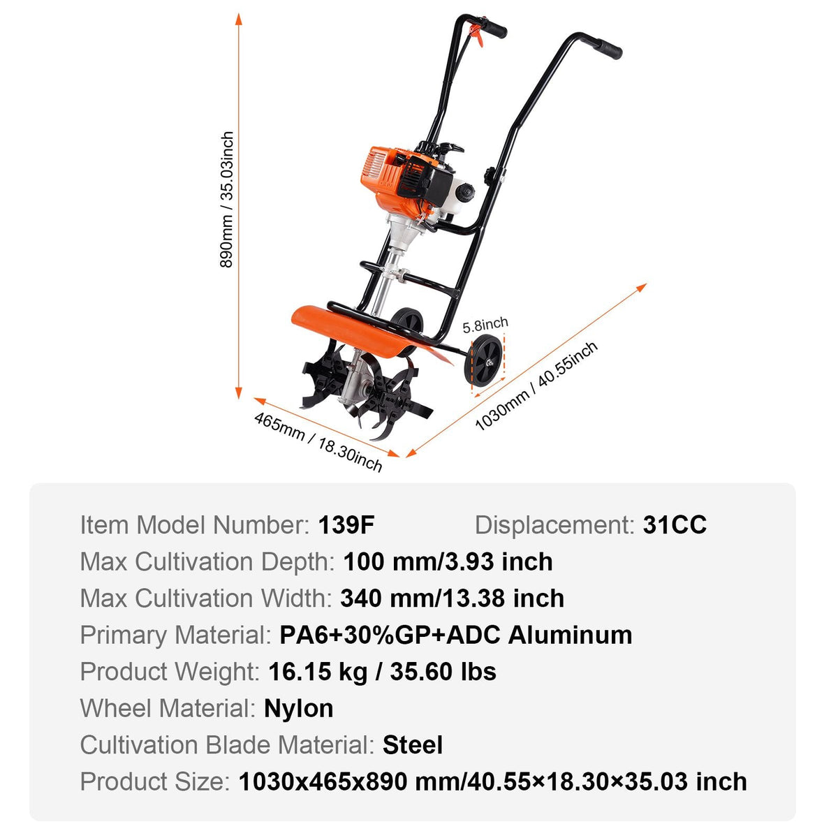 Tiller Cultivator, 31CC 4-Stroke Garden Cultivator, Tiller with 4 Steel Adjustable Front Tines for Lawn, Garden and Field Cultivation