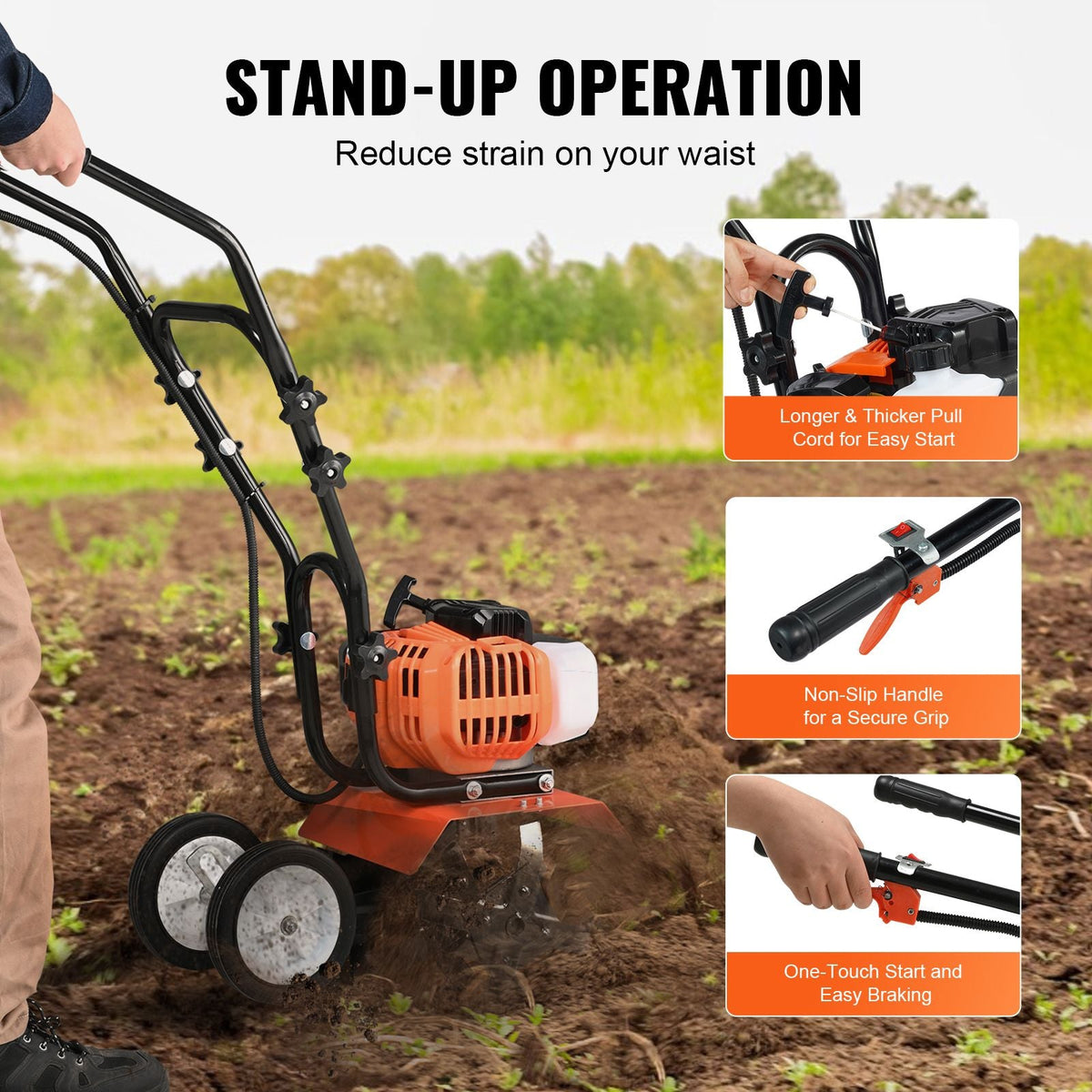 Tiller Cultivator, 43CC 2-Stroke Garden Cultivator, Tiller with 4 Steel Adjustable Front Tines for Lawn, Garden and Field Cultivation