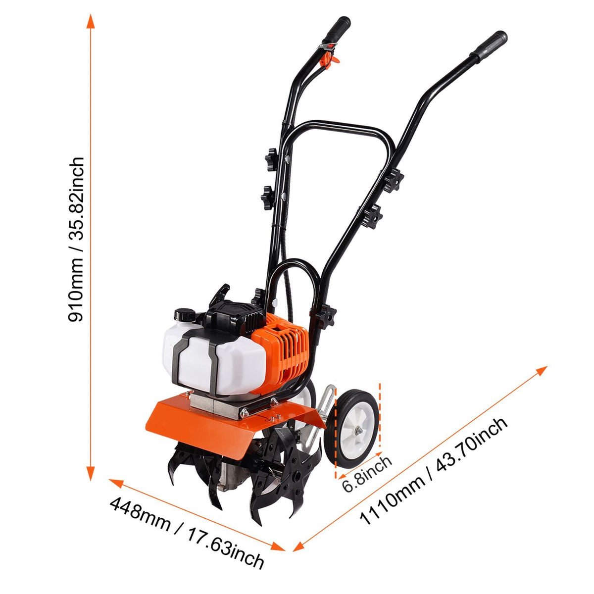 Tiller Cultivator, 43CC 2-Stroke Garden Cultivator, Tiller with 4 Steel Adjustable Front Tines for Lawn, Garden and Field Cultivation