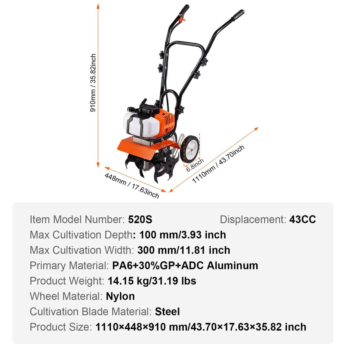 Tiller Cultivator, 43CC 2-Stroke Garden Cultivator, Tiller with 4 Steel Adjustable Front Tines for Lawn, Garden and Field Cultivation