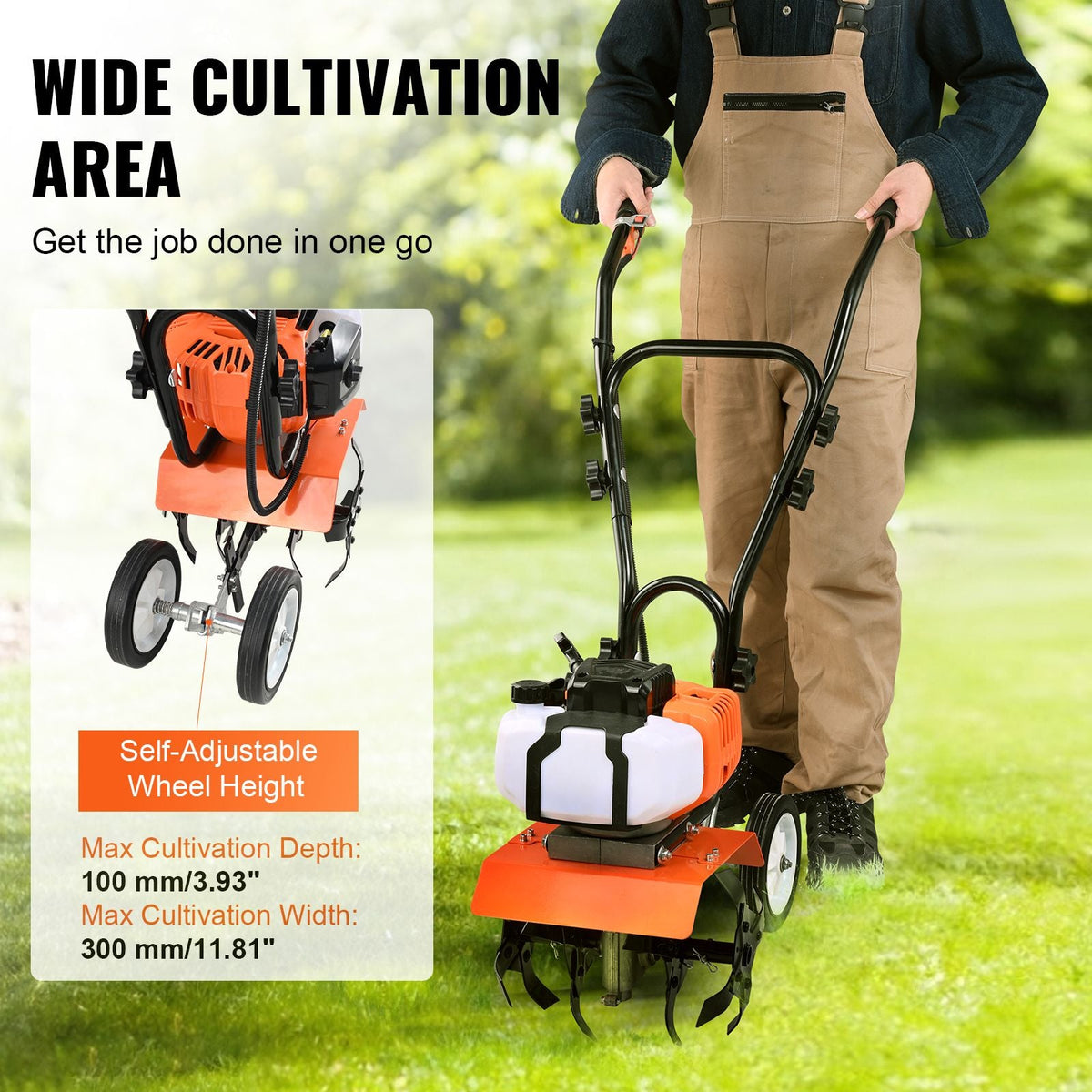 Tiller Cultivator, 43CC 2-Stroke Garden Cultivator, Tiller with 4 Steel Adjustable Front Tines for Lawn, Garden and Field Cultivation